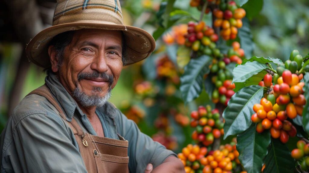 A picture of a coffee farmer, smiling at the camera, wearing a hat and overalls