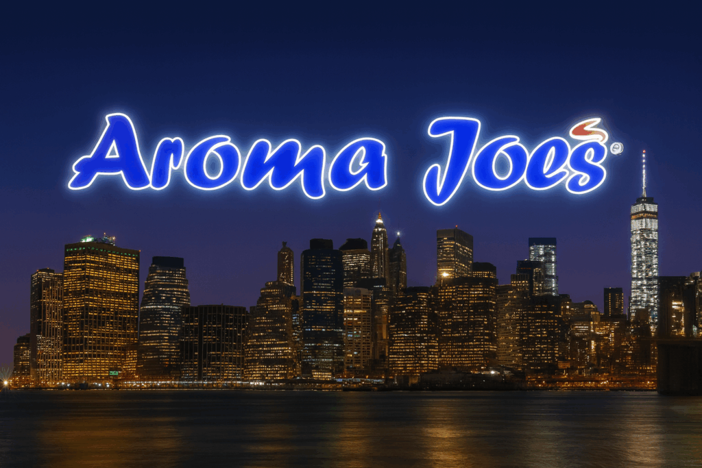 a picture of the aroma Joe's logo hovering over the skyline of New York City
