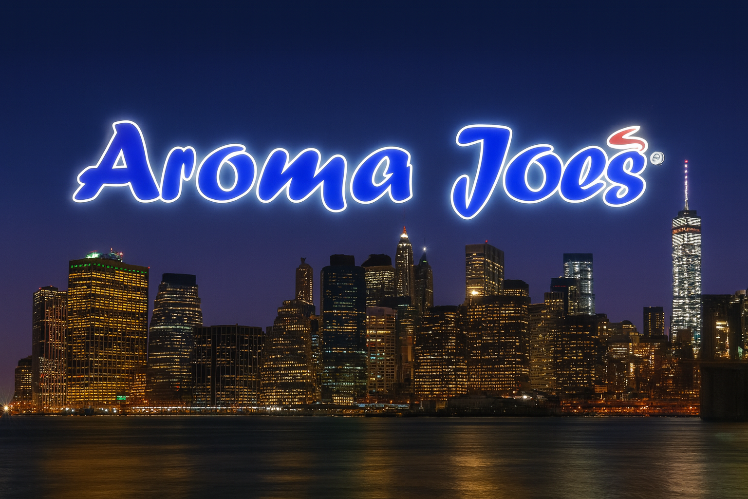 a picture of the aroma Joe's logo hovering over the skyline of New York City