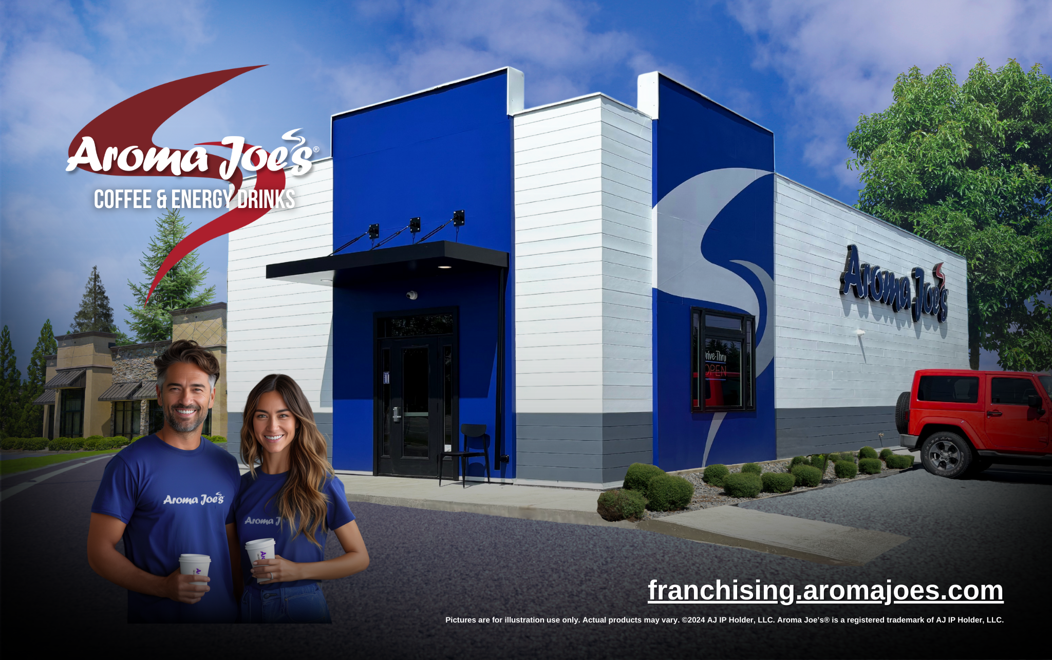Promotional image of an Aroma Joe’s Coffee & Energy Drinks drive-thru location featuring blue and white exterior branding, two smiling team members holding beverages in front of the building, and the text “franchising.aromajoes.com.”