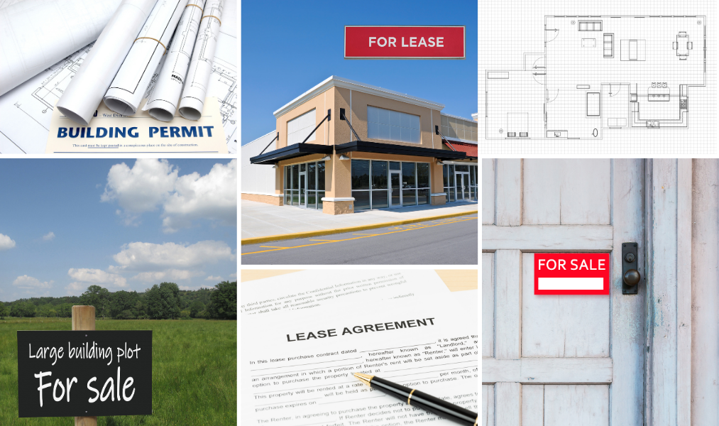 **Alt text:** A collage of six commercial real estate images illustrating the site selection and development process: rolled architectural blueprints with a building permit, a vacant retail strip center with a "For Lease" sign, a floor plan layout, an open green field with a "Large Building Plot For Sale" sign, a lease agreement document with a pen, and a weathered door with a "For Sale" sign.
